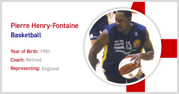 Pierre Henry-Fontaine's athlete profile card, with a photograph of him playing basketball