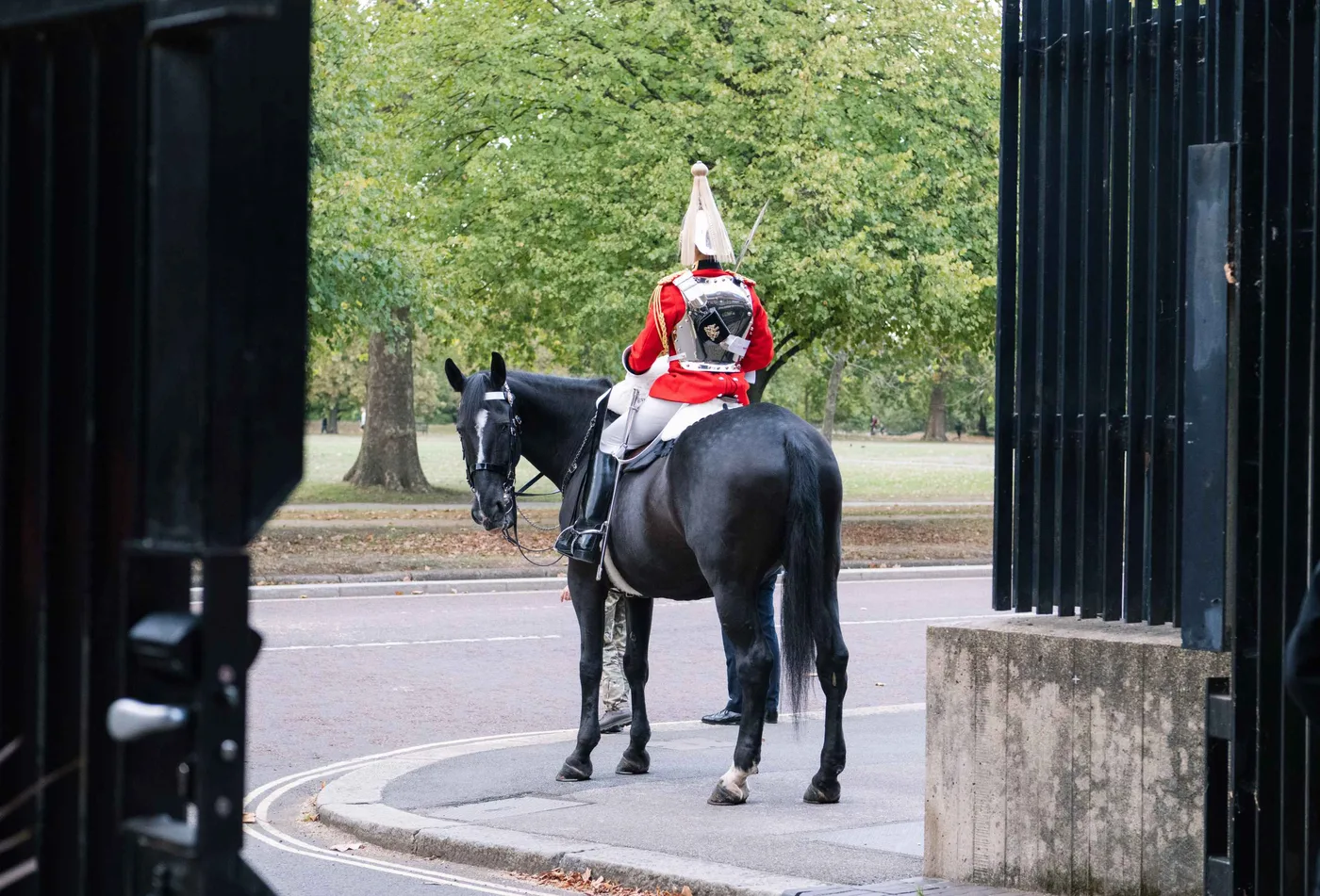 A mounted King's Guard in a red tunic, breastplate and plumed helmet sits on a black horse beside an open gate